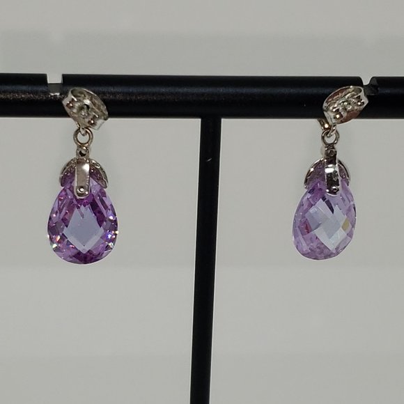 Simulated Amethyst Silver Dangle/Drop Earrings - Picture 7 of 8